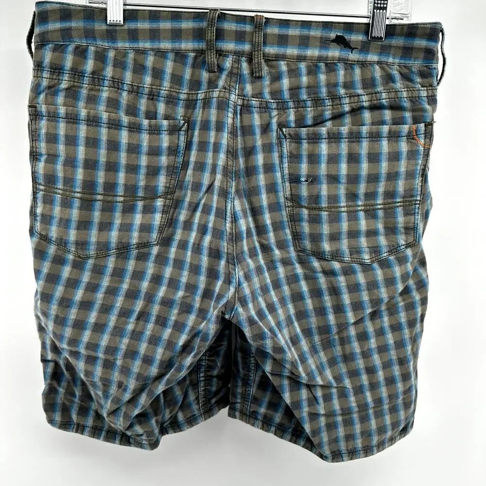 Tommy Bahama Madras Shorts Reversible Mixed Medium Plaid Striped Blue Large 38